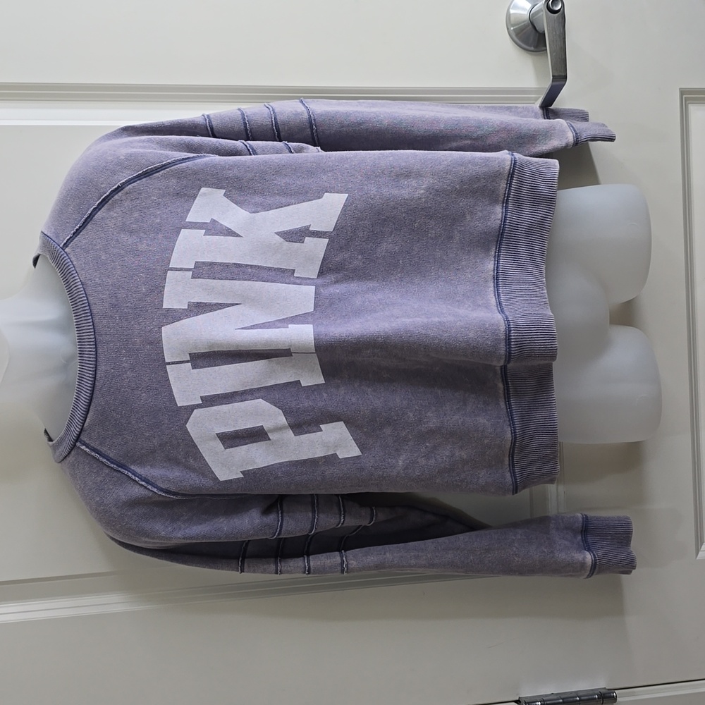 Pink Victoria Secret Medium Acid Washed Cropped Moto Sleeve Fleece Sweatshirt